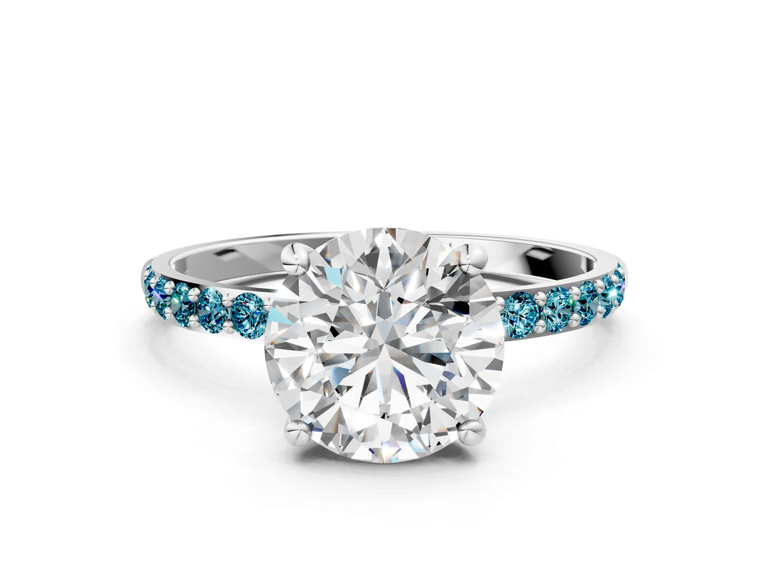 White gold Round Cut Diamond Solitaire Ring with Round with Blue Topaz side stone Pavé Band and Prong Setting_18