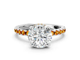 White gold Round Cut Diamond Solitaire Ring with Round with Citrine side stone Pavé Band and Four-Prong Setting
