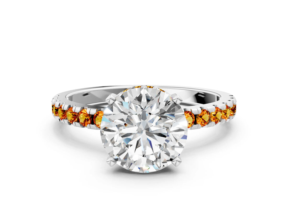 White gold Round Cut Diamond Solitaire Ring with Round with Citrine side stone Pavé Band and Four-Prong Setting_36