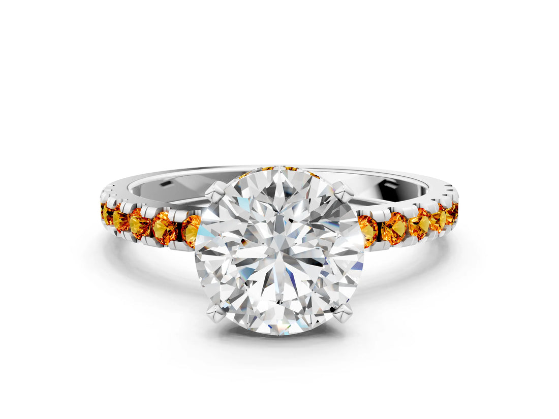 White gold Round Cut Diamond Solitaire Ring with Round with Citrine side stone Pavé Band and Four-Prong Setting