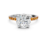 White gold Round Cut Diamond Solitaire Ring with Round with Citrine side stone Pavé Band and Prong Setting