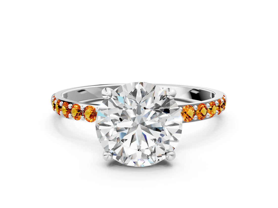 White gold Round Cut Diamond Solitaire Ring with Round with Citrine side stone Pavé Band and Prong Setting