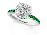 White gold Round Cut Diamond Solitaire Ring with Round with Emerald side stone Pavé Band and Four-Prong Setting_37