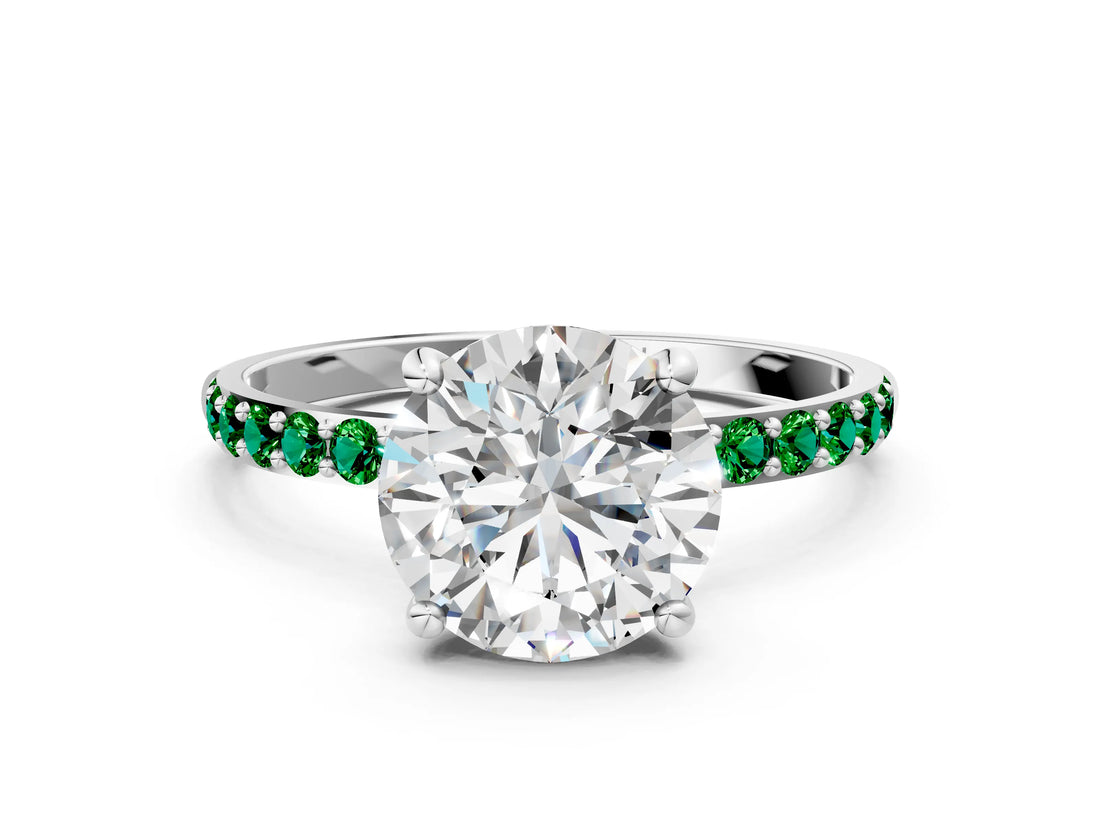 White gold Round Cut Diamond Solitaire Ring with Round with Emerald side stone Pavé Band and Prong Setting_12