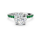 White gold Round Cut Diamond Solitaire Ring with Round with Emerald side stone Pavé Band and Prong Setting_12