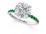 White gold Round Cut Diamond Solitaire Ring with Round with Emerald side stone Pavé Band and Prong Setting_13