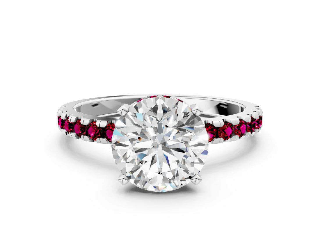 White gold Round Cut Diamond Solitaire Ring with Round with Garnet side stone Pavé Band and Four-Prong Setting