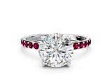 White gold Round Cut Diamond Solitaire Ring with Round with Garnet side stone Pavé Band and Prong Setting_12