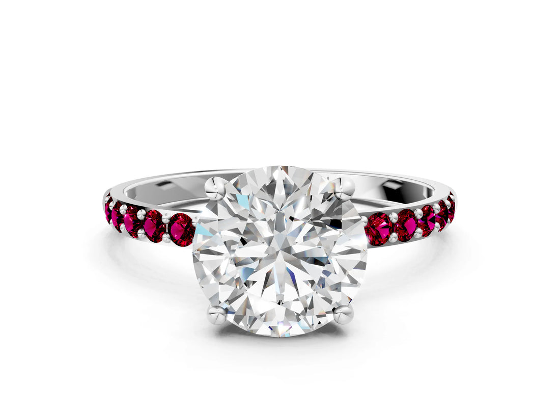 White gold Round Cut Diamond Solitaire Ring with Round with Garnet side stone Pavé Band and Prong Setting_12