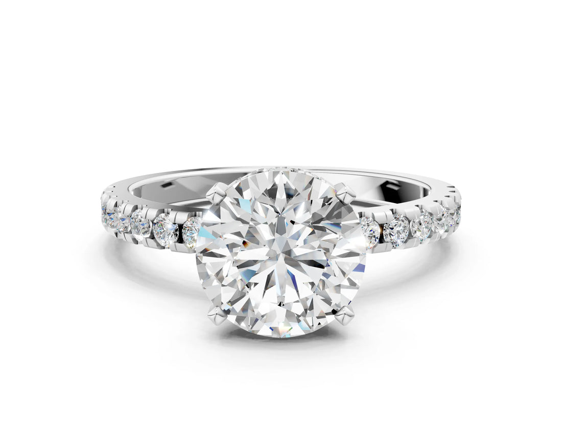 White gold Round Cut Diamond Solitaire Ring with Round with Moissanite side stone Pavé Band and Four-Prong Setting_12