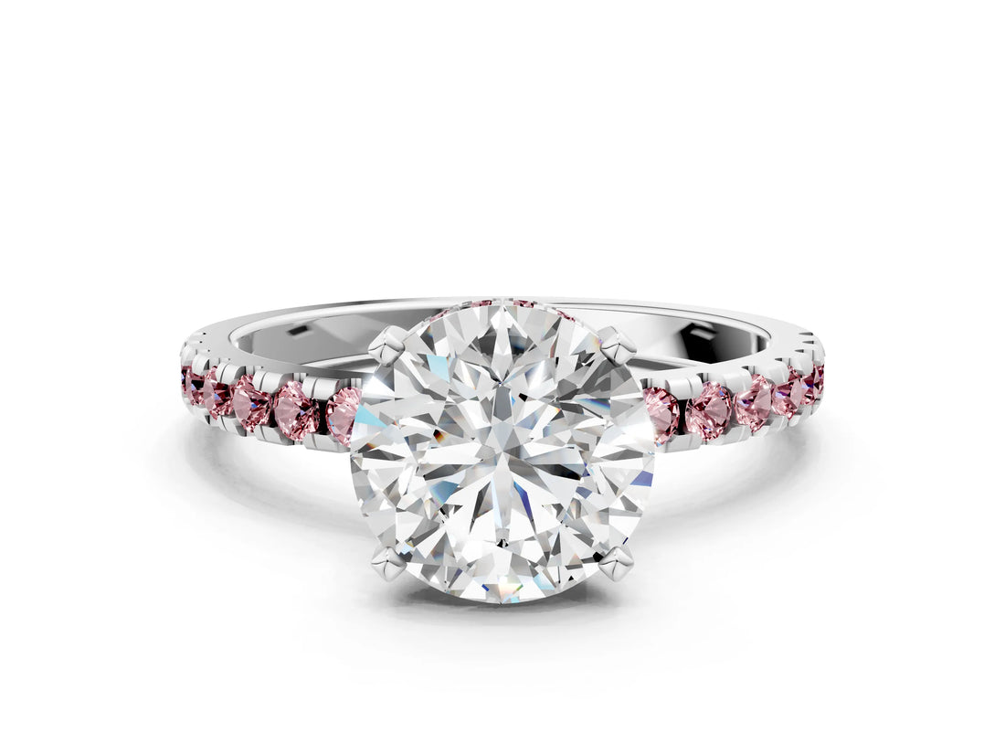 White gold Round Cut Diamond Solitaire Ring with Round with Morganite side stone Pavé Band and Four-Prong Setting_12