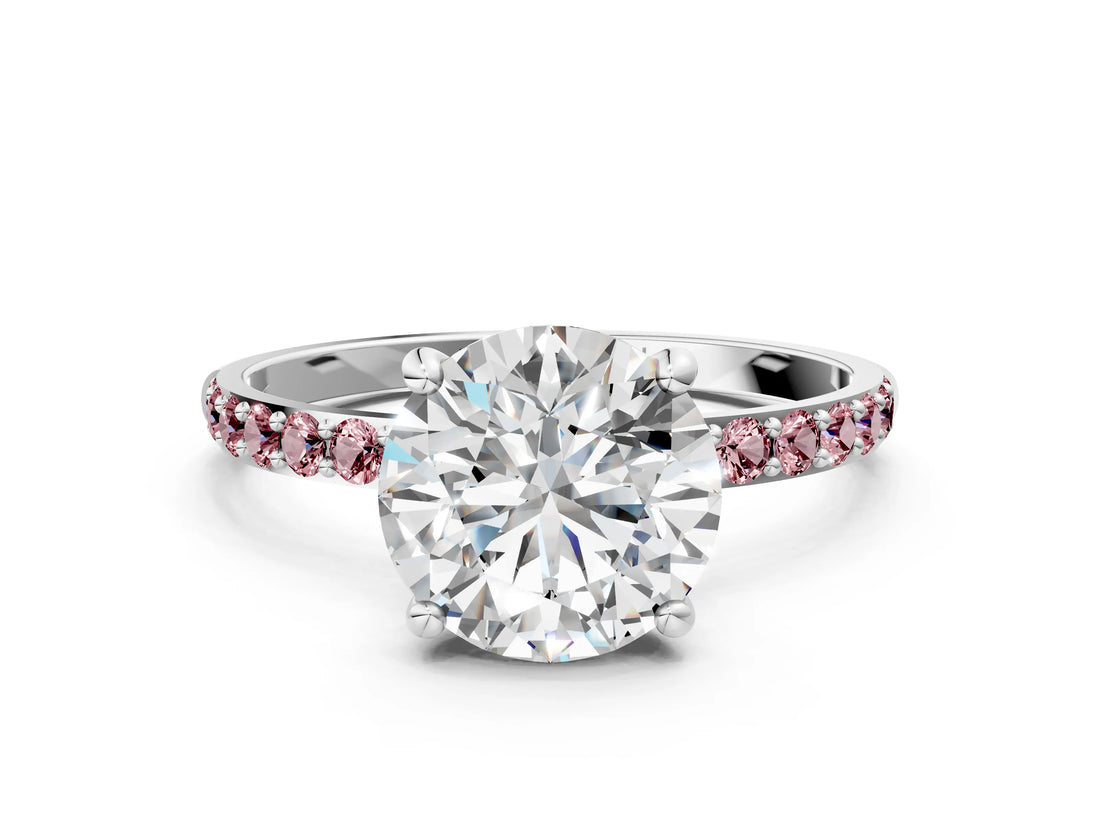 White gold Round Cut Diamond Solitaire Ring with Round with Morganite side stone Pavé Band and Prong Setting