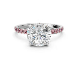 White gold Round Cut Diamond Solitaire Ring with Round with Morganite side stone Pavé Band and Prong Setting