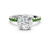 White gold Round Cut Diamond Solitaire Ring with Round with Peridot side stone Pavé Band and Four-Prong Setting