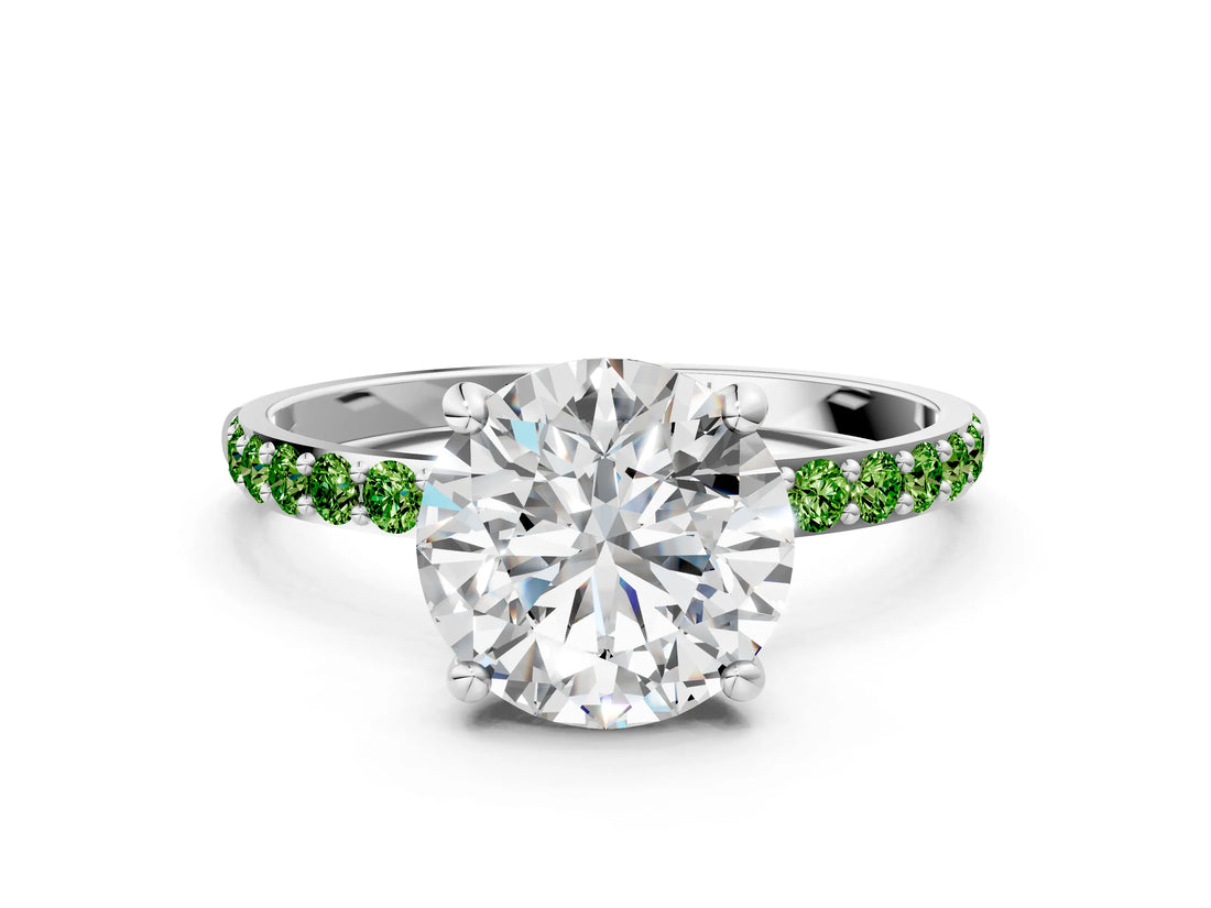 White gold Round Cut Diamond Solitaire Ring with Round with Peridot side stone Pavé Band and Prong Setting_60