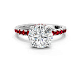 White gold Round Cut Diamond Solitaire Ring with Round with Ruby side stone Pavé Band and Four-Prong Setting
