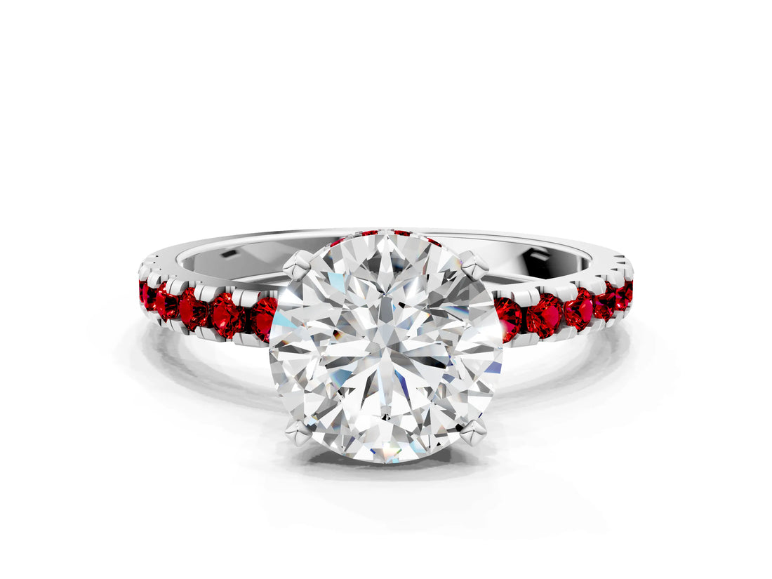 White gold Round Cut Diamond Solitaire Ring with Round with Ruby side stone Pavé Band and Four-Prong Setting