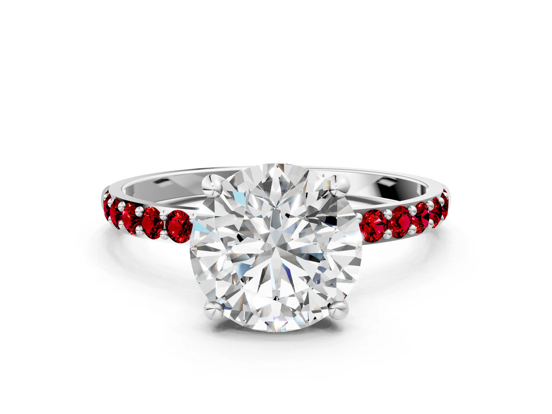 White gold Round Cut Diamond Solitaire Ring with Round with Ruby side stone Pavé Band and Prong Setting_24