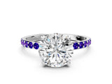 White gold Round Cut Diamond Solitaire Ring with Round with Tanzanite side stone Pavé Band and Prong Setting_393