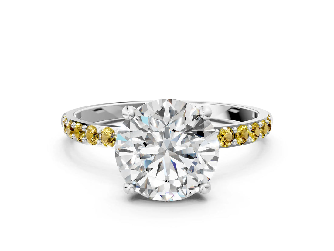 White gold Round Cut Diamond Solitaire Ring with Round with Yellow Sapphire side stone Pavé Band and Prong Setting_36