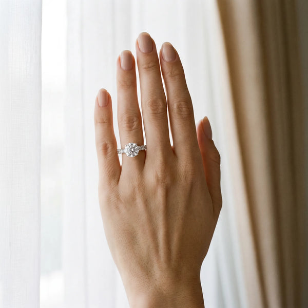 White gold Round Cut Diamond Solitaire Ring with Shared Prong Pavé Band and Four-Prong Setting