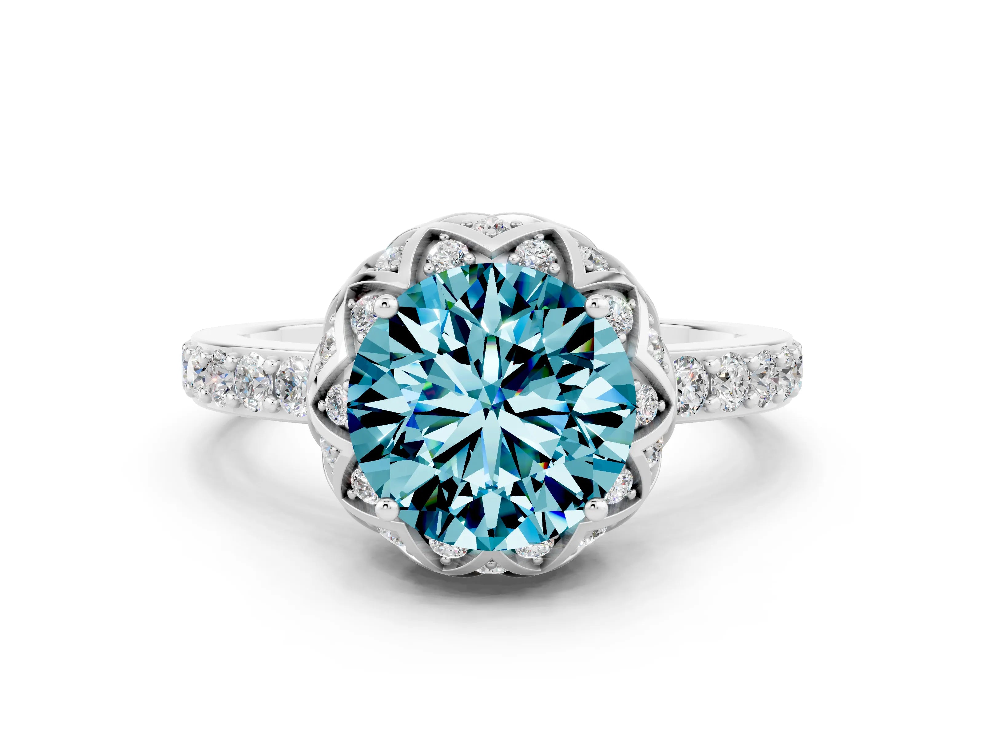 White gold Round Cut Diamond Solitaire Ring with Shared Prong Pavé Band