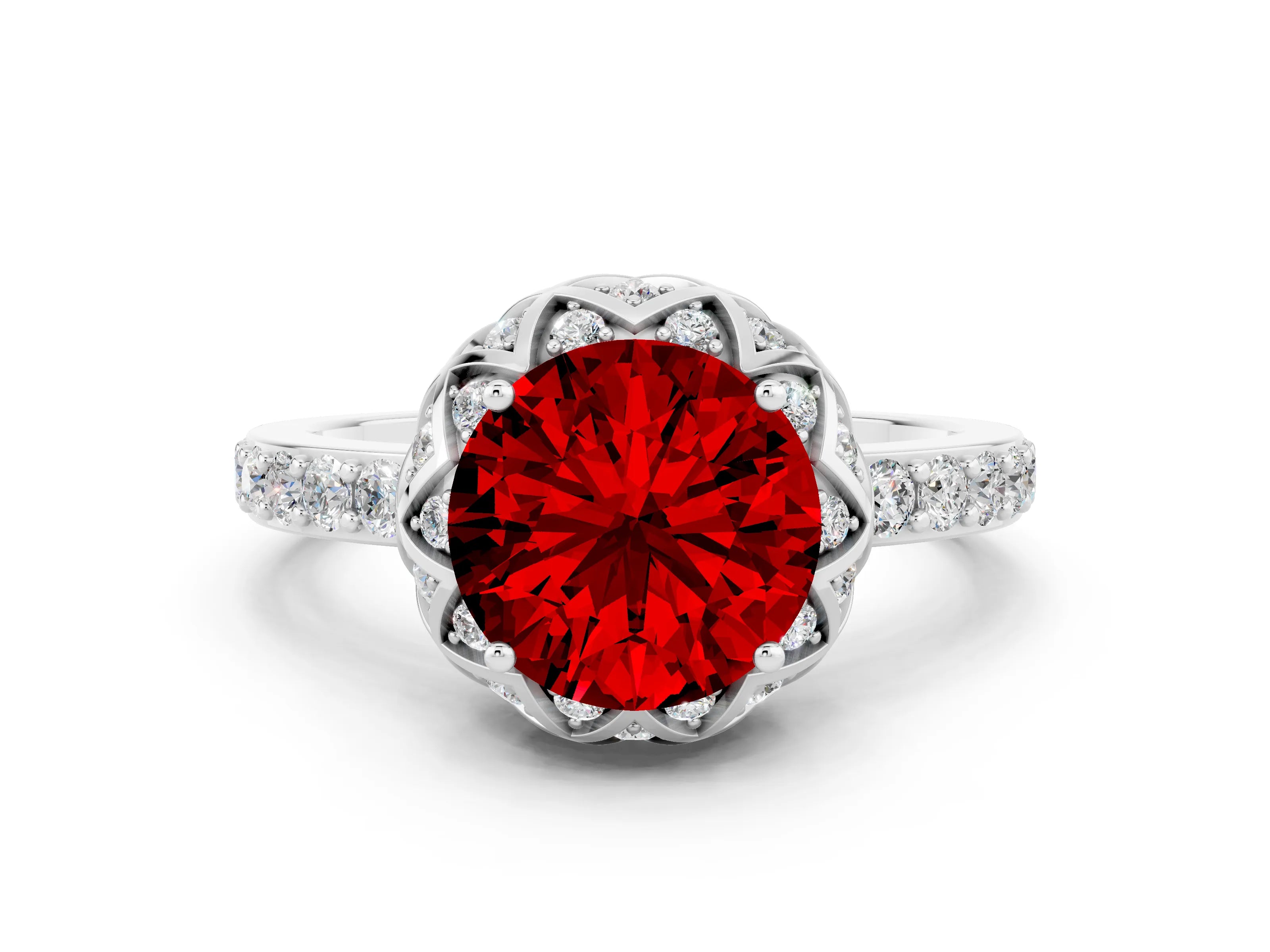 White gold Round Cut Diamond Solitaire Ring with Shared Prong Pavé Band