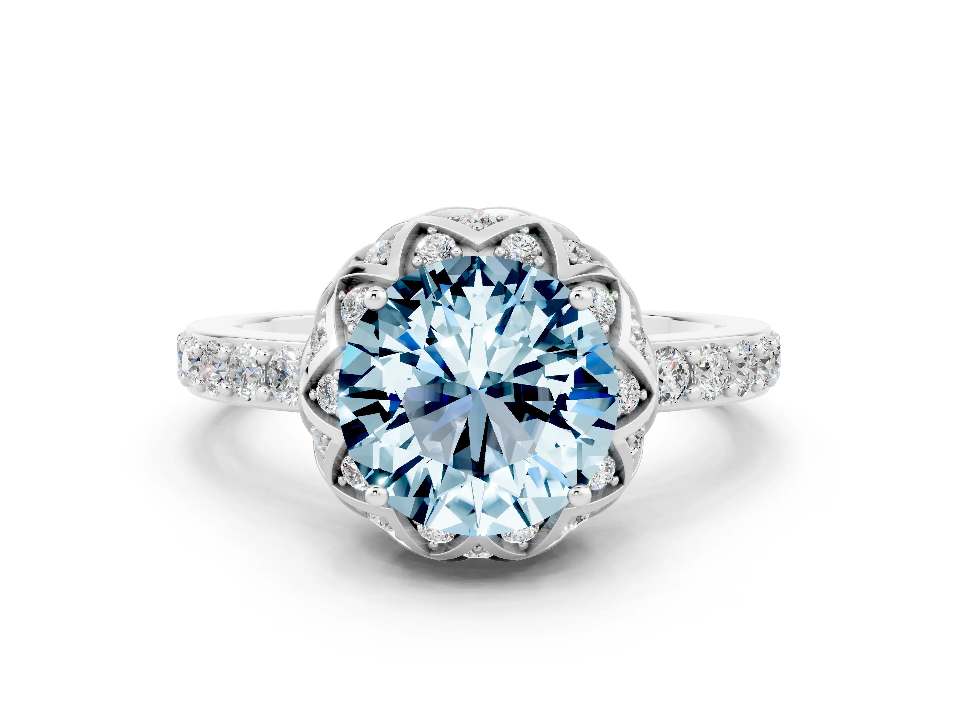 White gold Round Cut Diamond Solitaire Ring with Shared Prong Pavé Band
