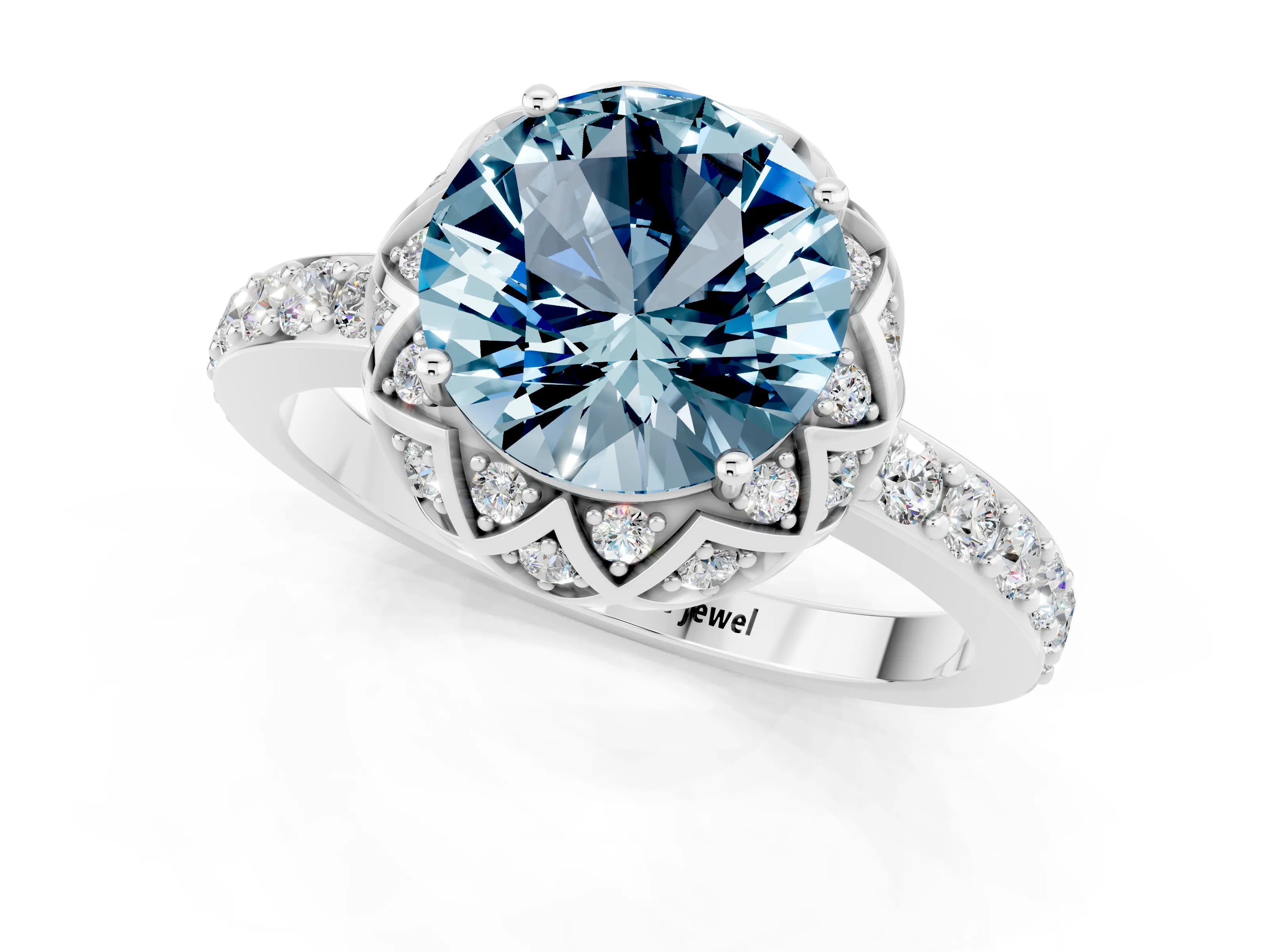 White gold Round Cut Diamond Solitaire Ring with Shared Prong Pavé Band_1