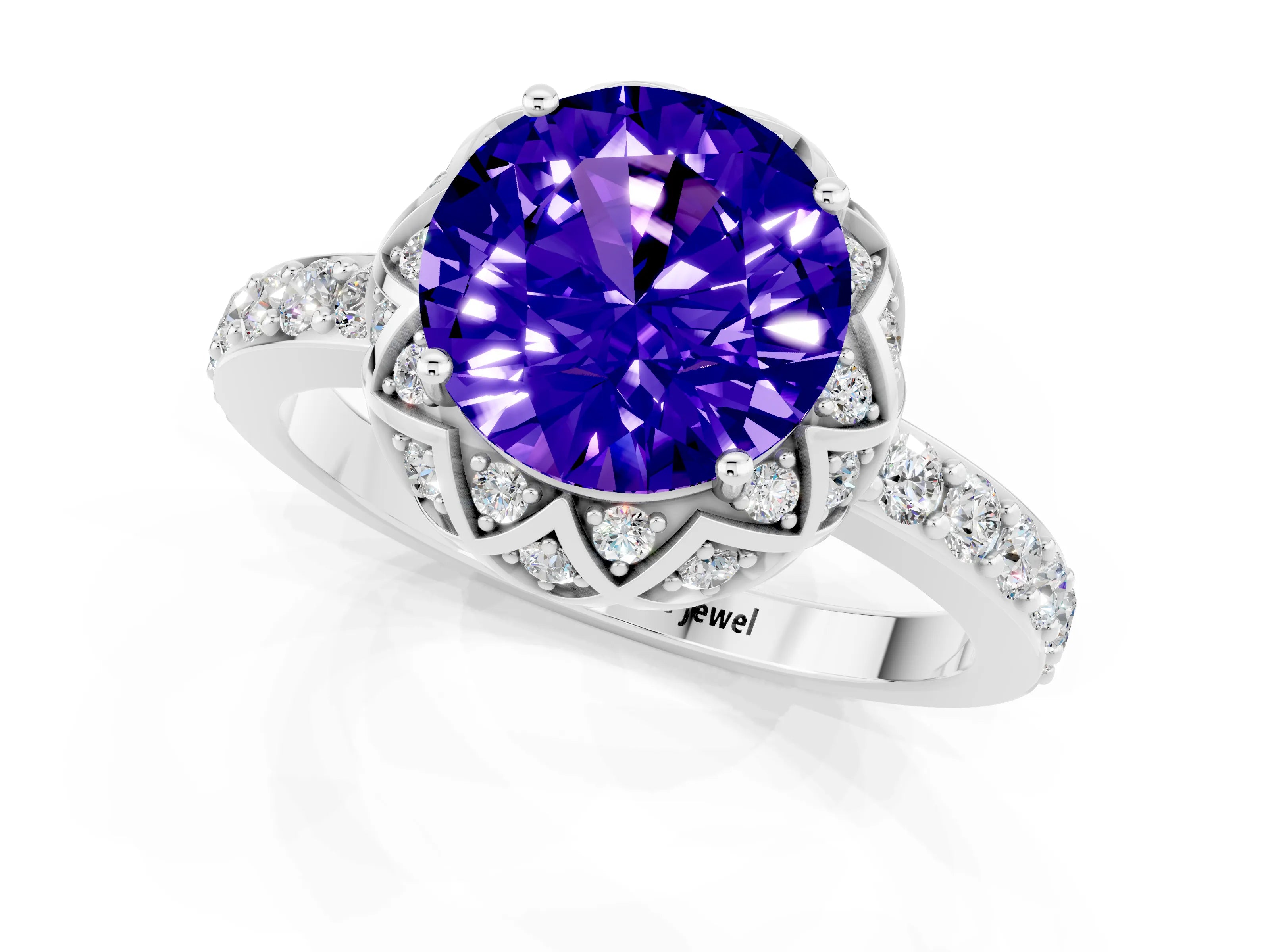 White gold Round Cut Diamond Solitaire Ring with Shared Prong Pavé Band_1