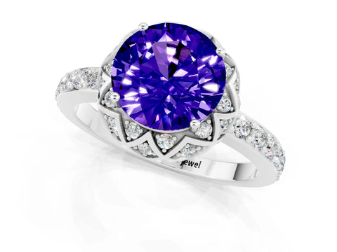 White gold Round Cut Diamond Solitaire Ring with Shared Prong Pavé Band_1