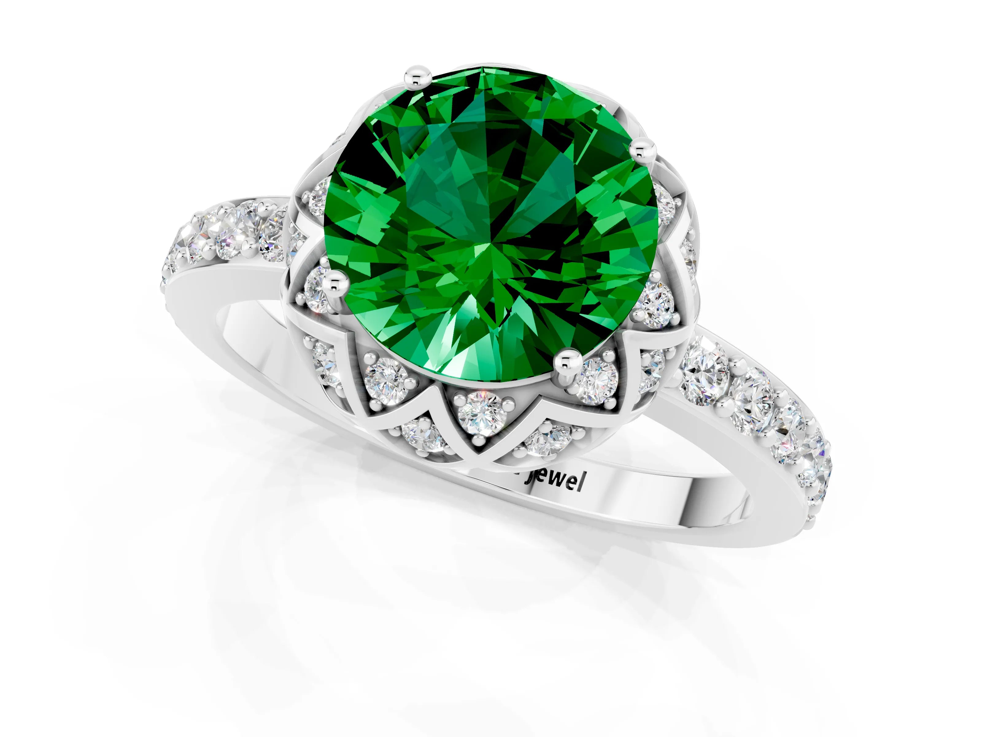 White gold Round Cut Diamond Solitaire Ring with Shared Prong Pavé Band_1