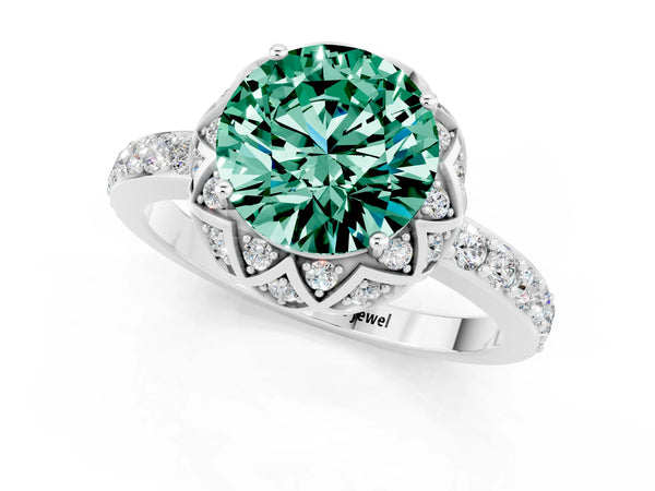 Platinum Round Cut Green Sapphire Scalloped Halo Engagement Ring with Round Shared Prong Band