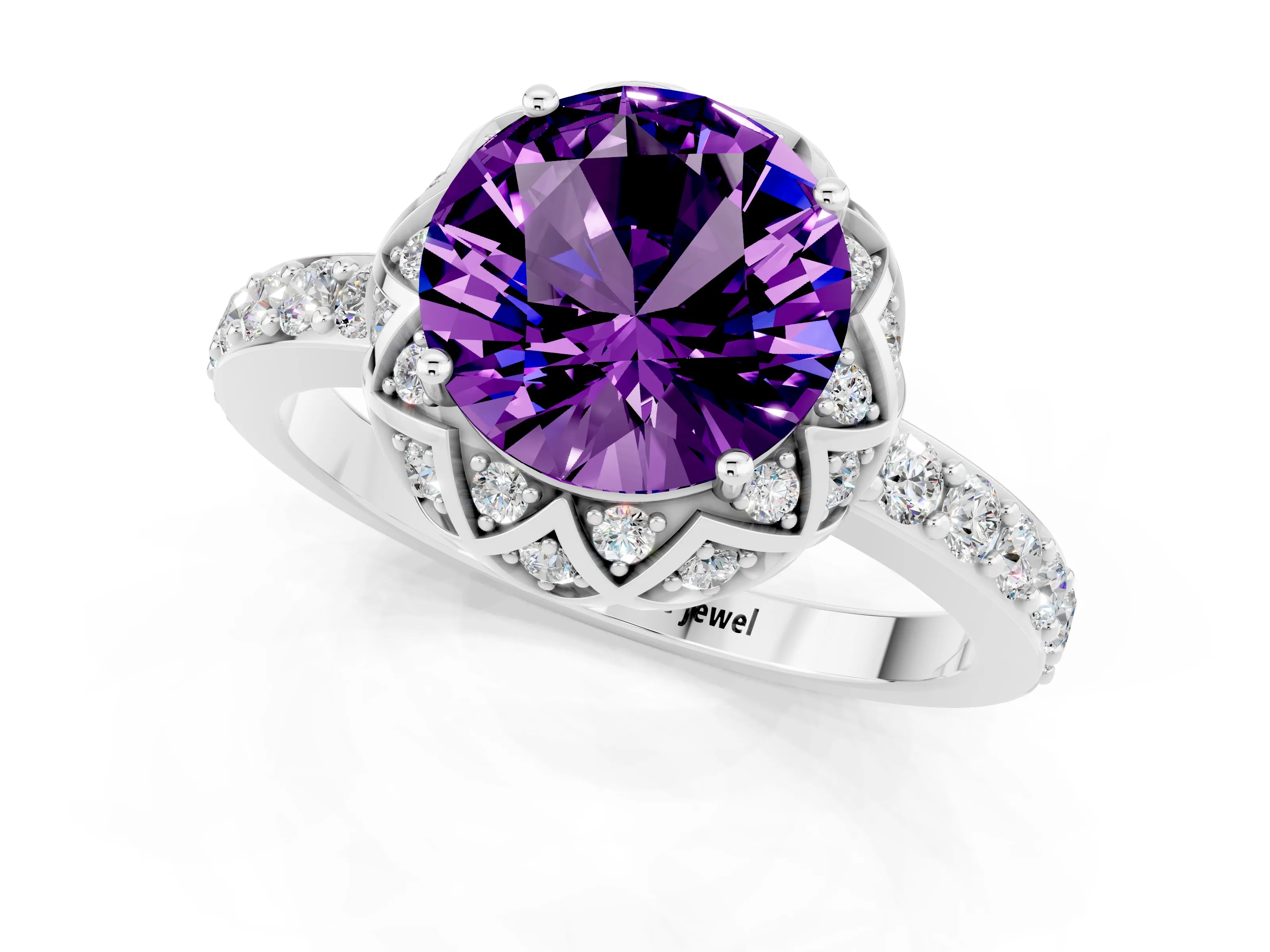 White gold Round Cut Diamond Solitaire Ring with Shared Prong Pavé Band_1