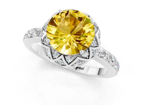 White gold Round Cut Diamond Solitaire Ring with Shared Prong Pavé Band_1