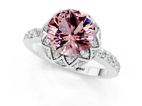 White gold Round Cut Diamond Solitaire Ring with Shared Prong Pavé Band_1