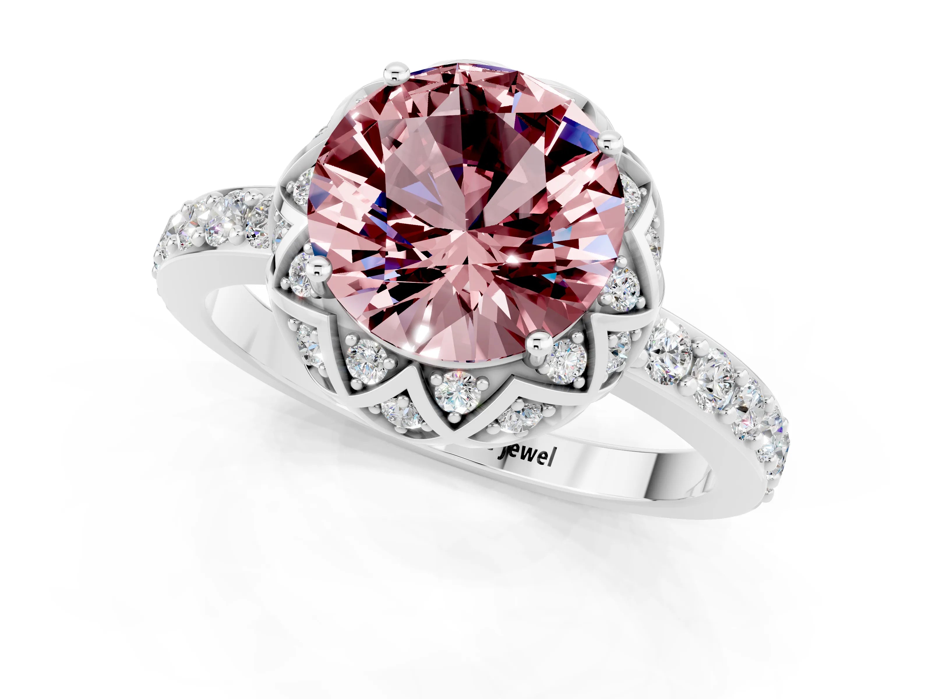 White gold Round Cut Diamond Solitaire Ring with Shared Prong Pavé Band_1