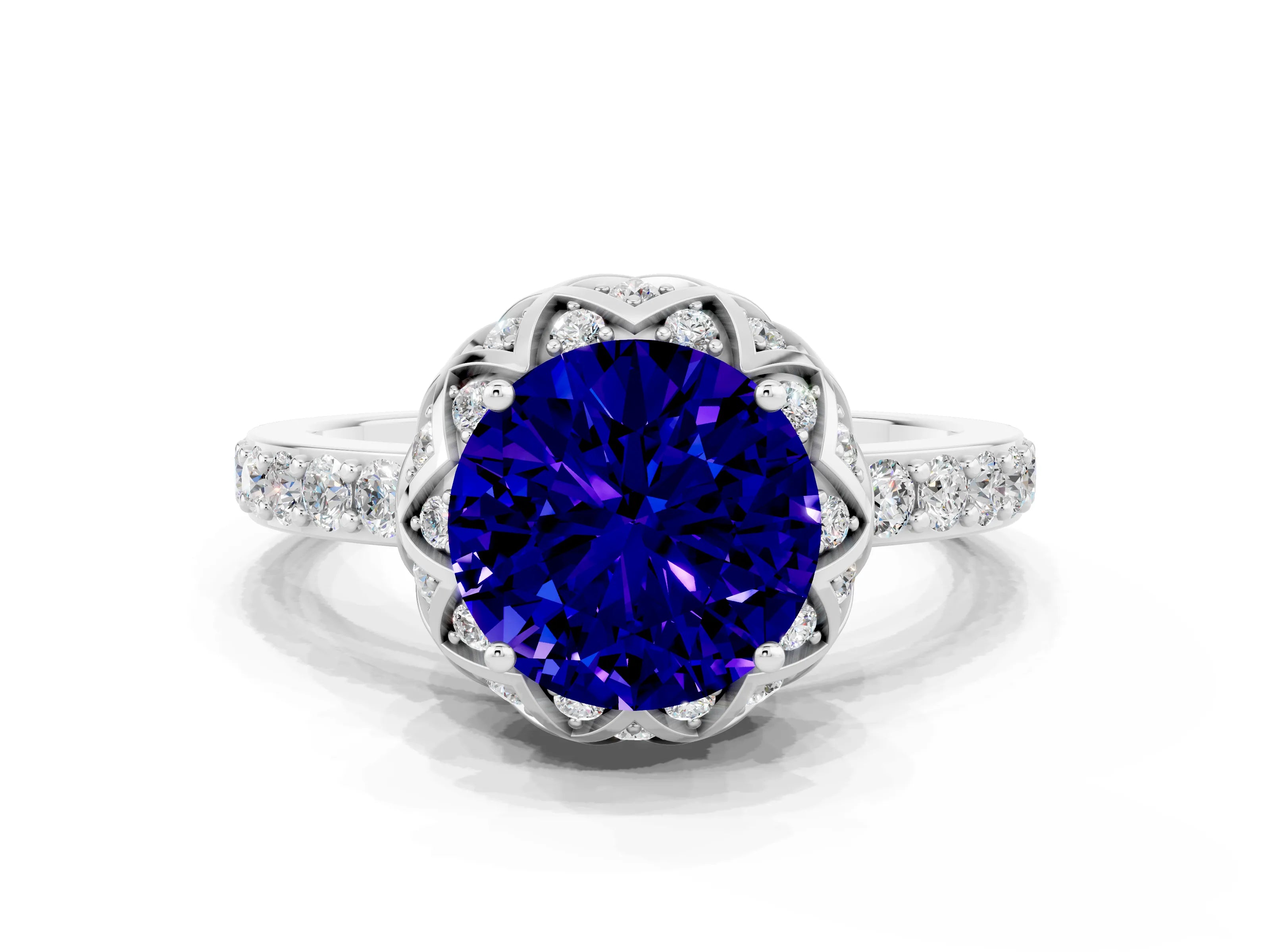 White gold Round Cut Diamond Solitaire Ring with Shared Prong Pavé Band