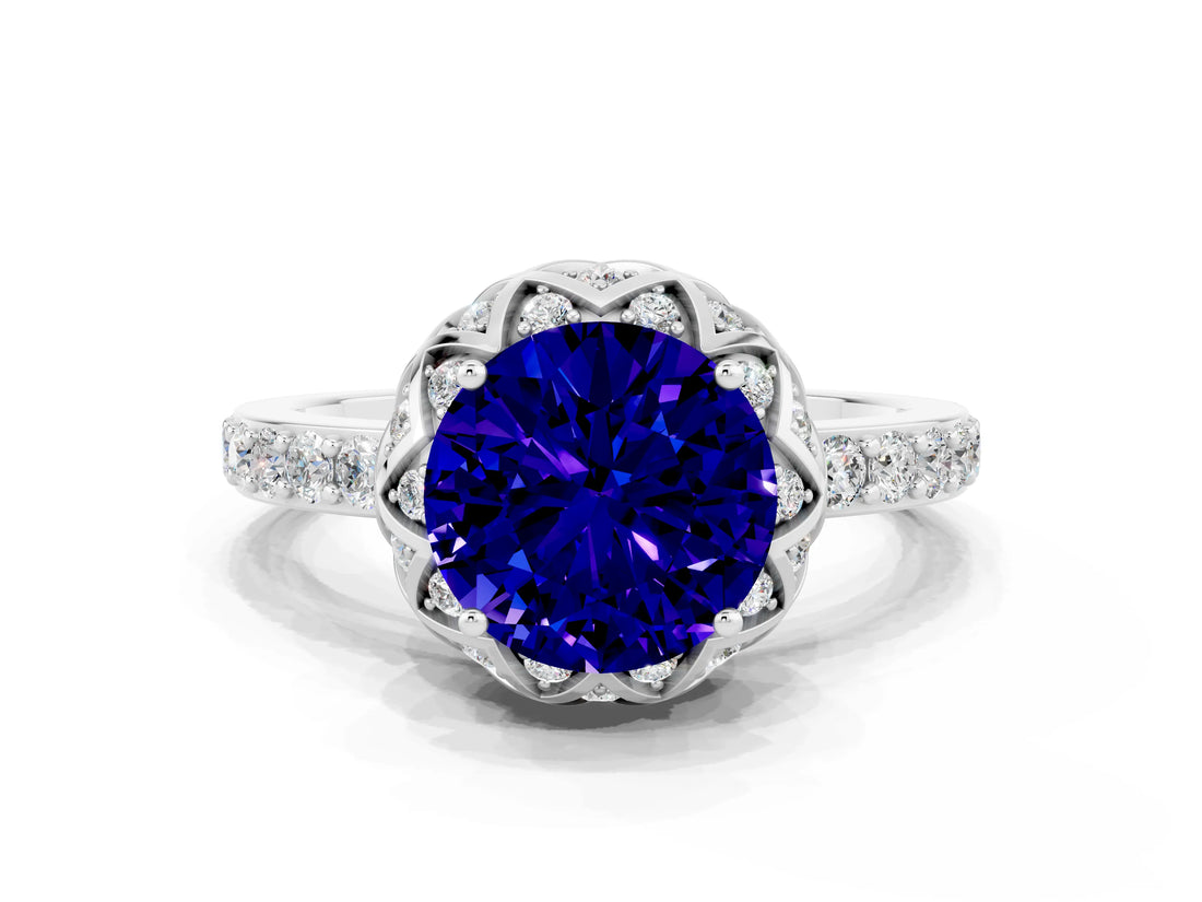 White gold Round Cut Diamond Solitaire Ring with Shared Prong Pavé Band