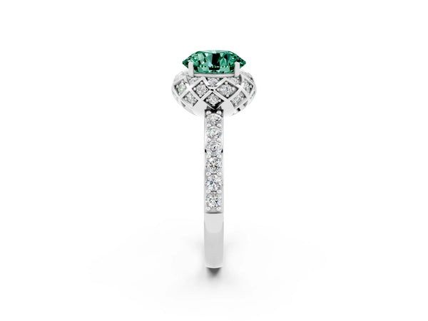 Silver Round Cut Green Sapphire Scalloped Halo Engagement Ring with Round Shared Prong Band