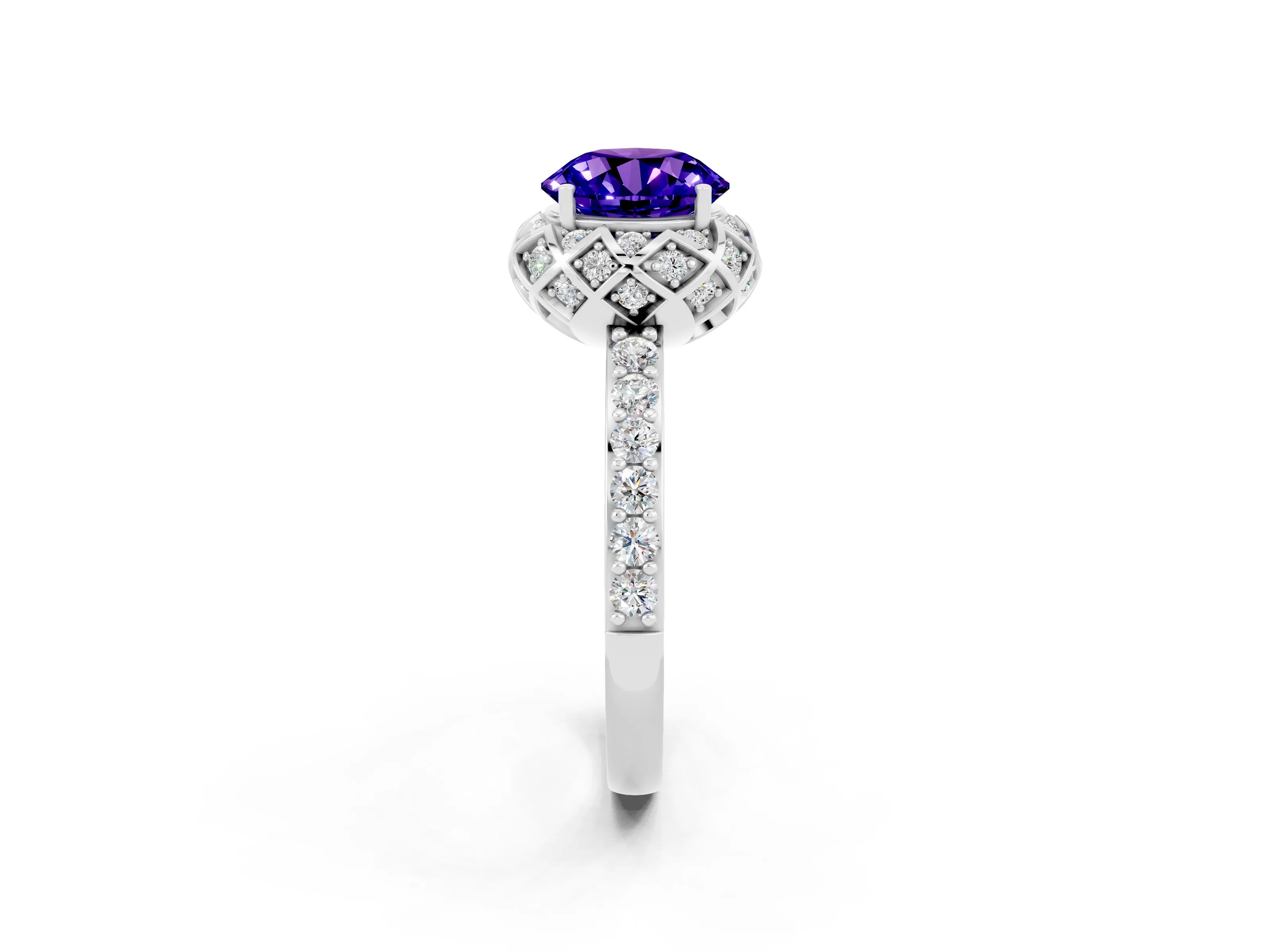 White gold Round Cut Diamond Solitaire Ring with Shared Prong Pavé Band_2