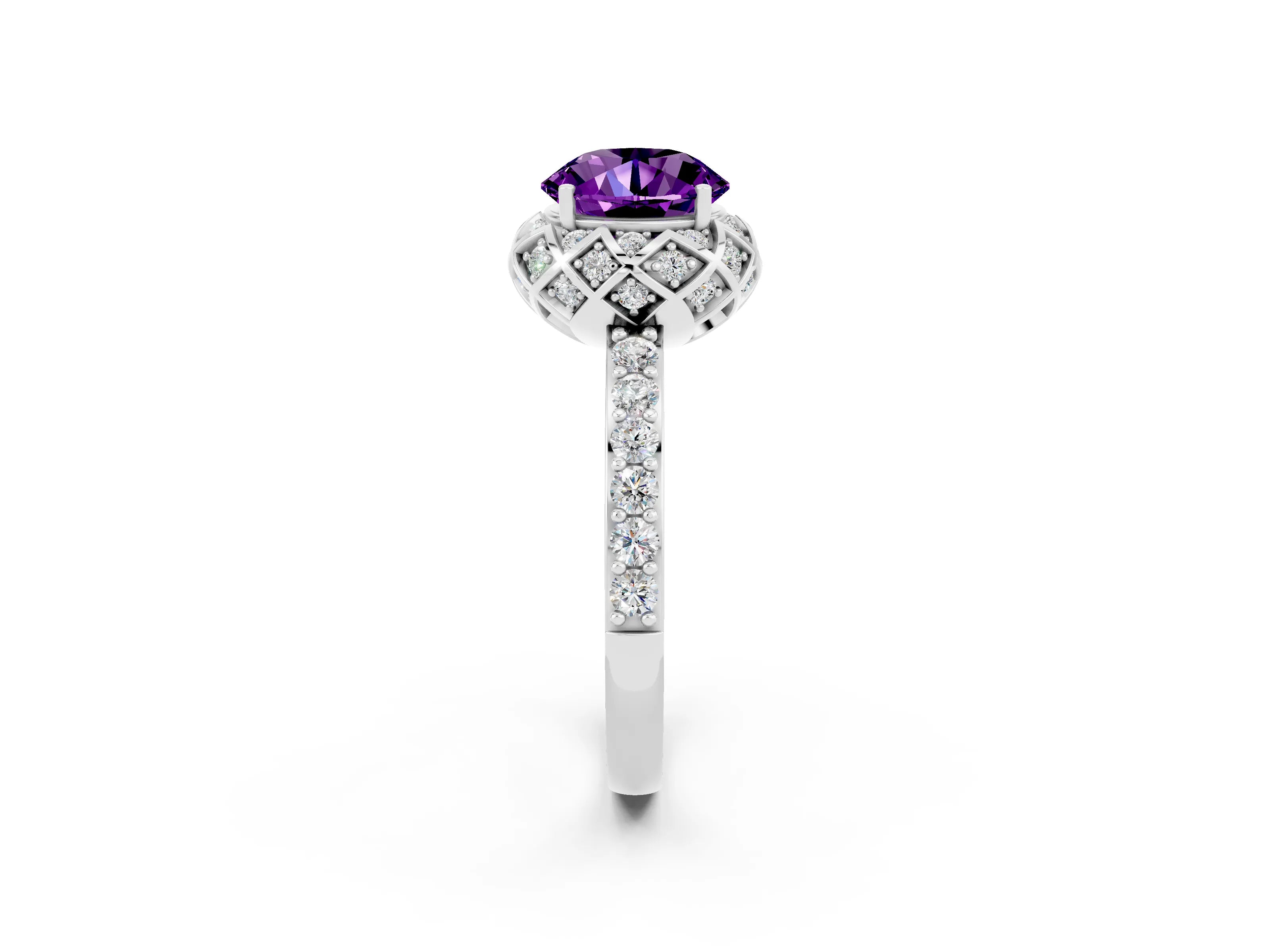 White gold Round Cut Diamond Solitaire Ring with Shared Prong Pavé Band_2