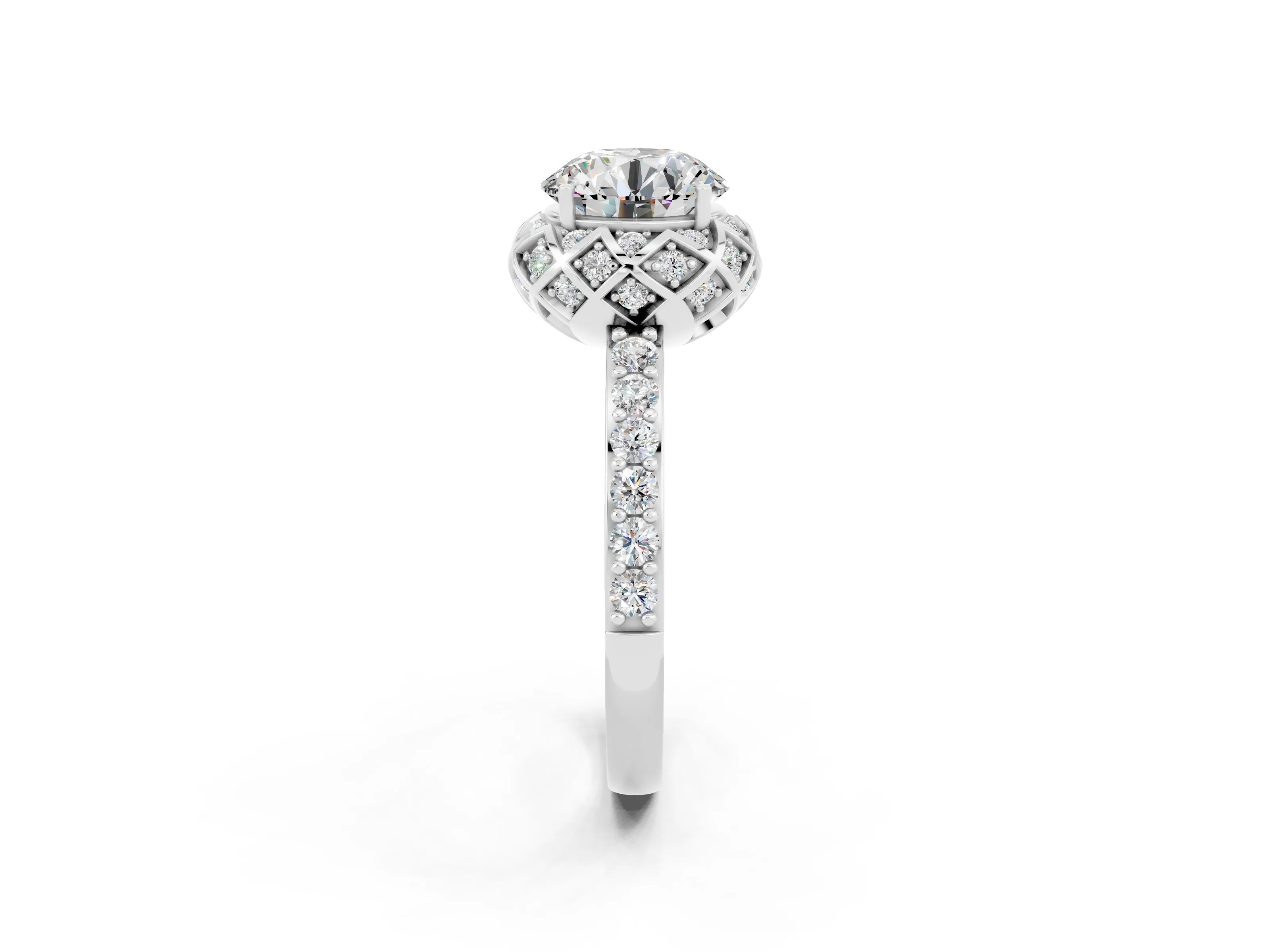 White gold Round Cut Diamond Solitaire Ring with Shared Prong Pavé Band_2