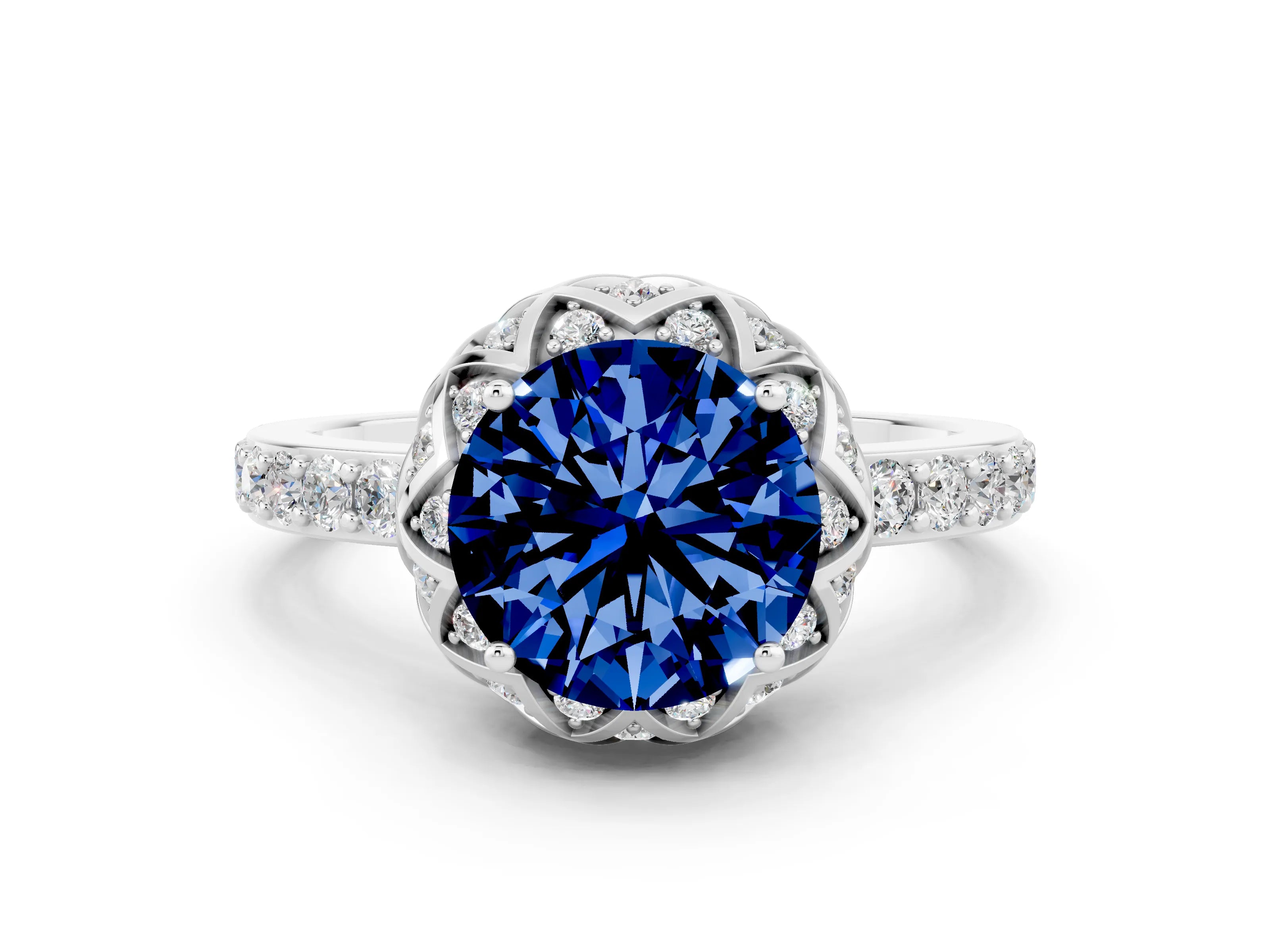 White gold Round Cut Diamond Solitaire Ring with Shared Prong Pavé Band