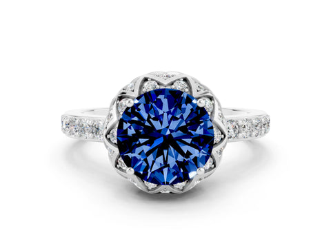 White gold Round Cut Diamond Solitaire Ring with Shared Prong Pavé Band