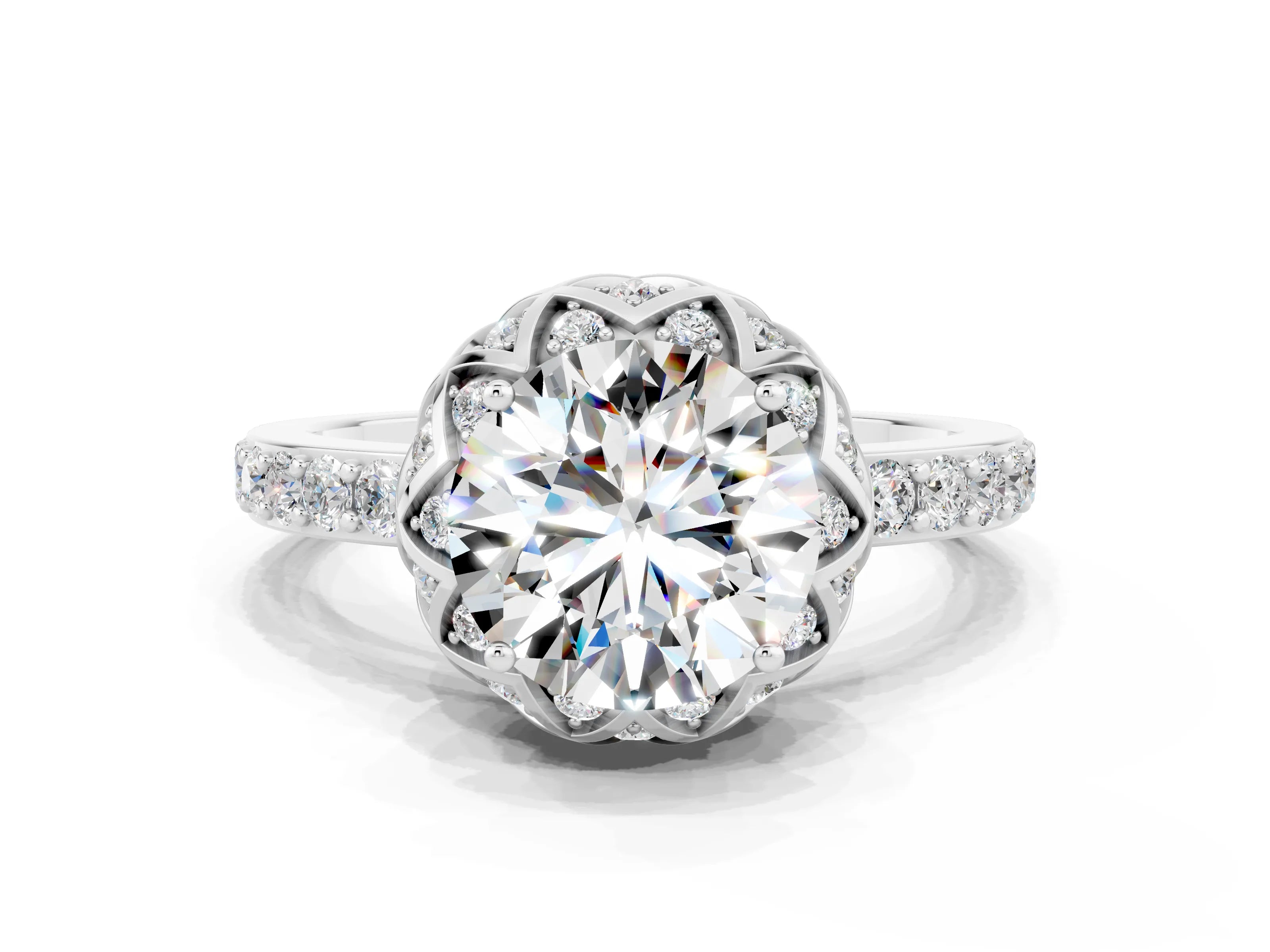 White gold Round Cut Diamond Solitaire Ring with Shared Prong Pavé Band
