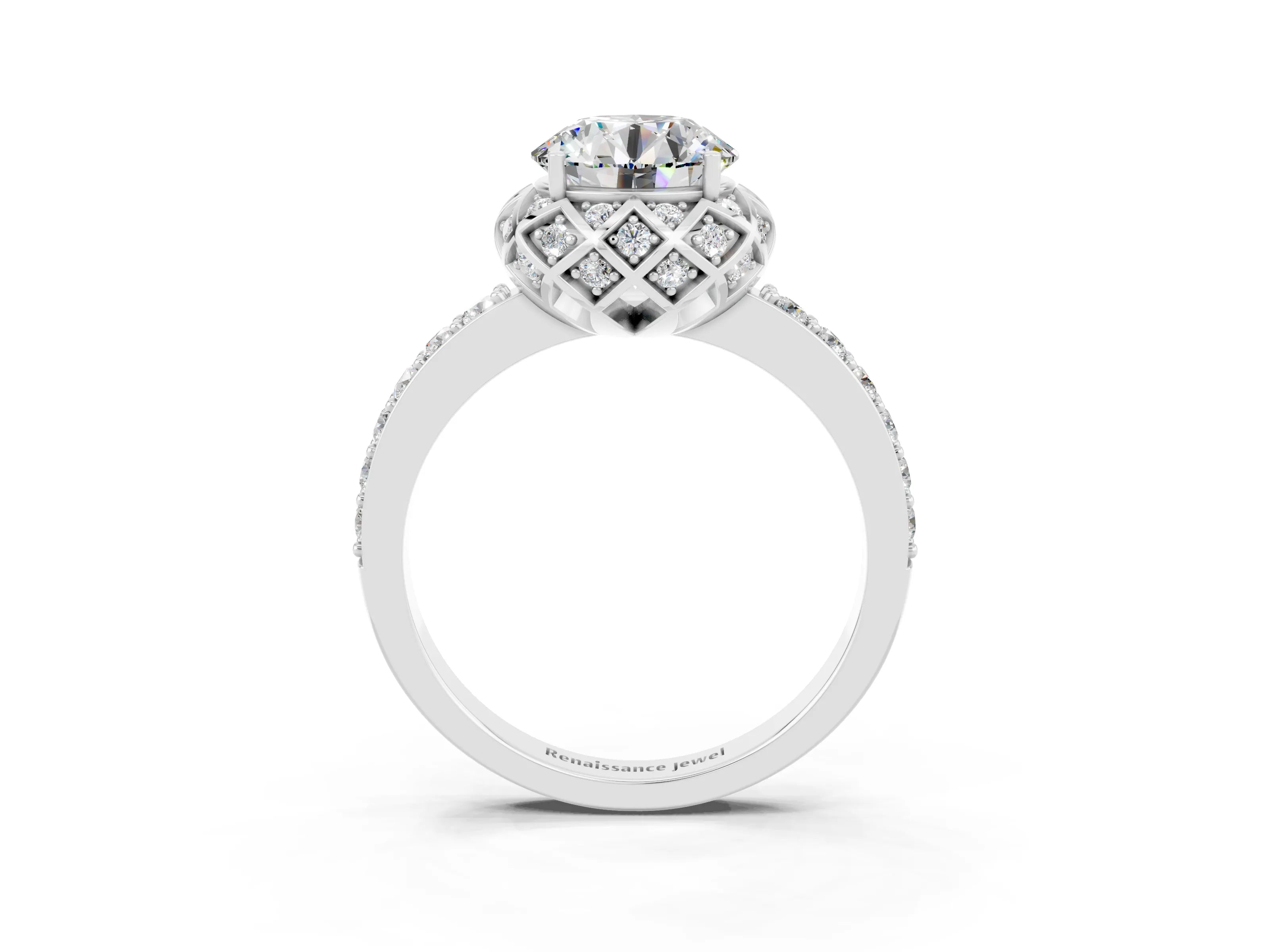 White gold Round Cut Diamond Solitaire Ring with Shared Prong Pavé Band_3