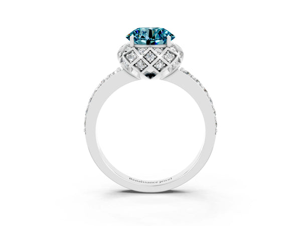 Silver Round Cut Diamond Solitaire Ring with Shared Prong Pavé Band