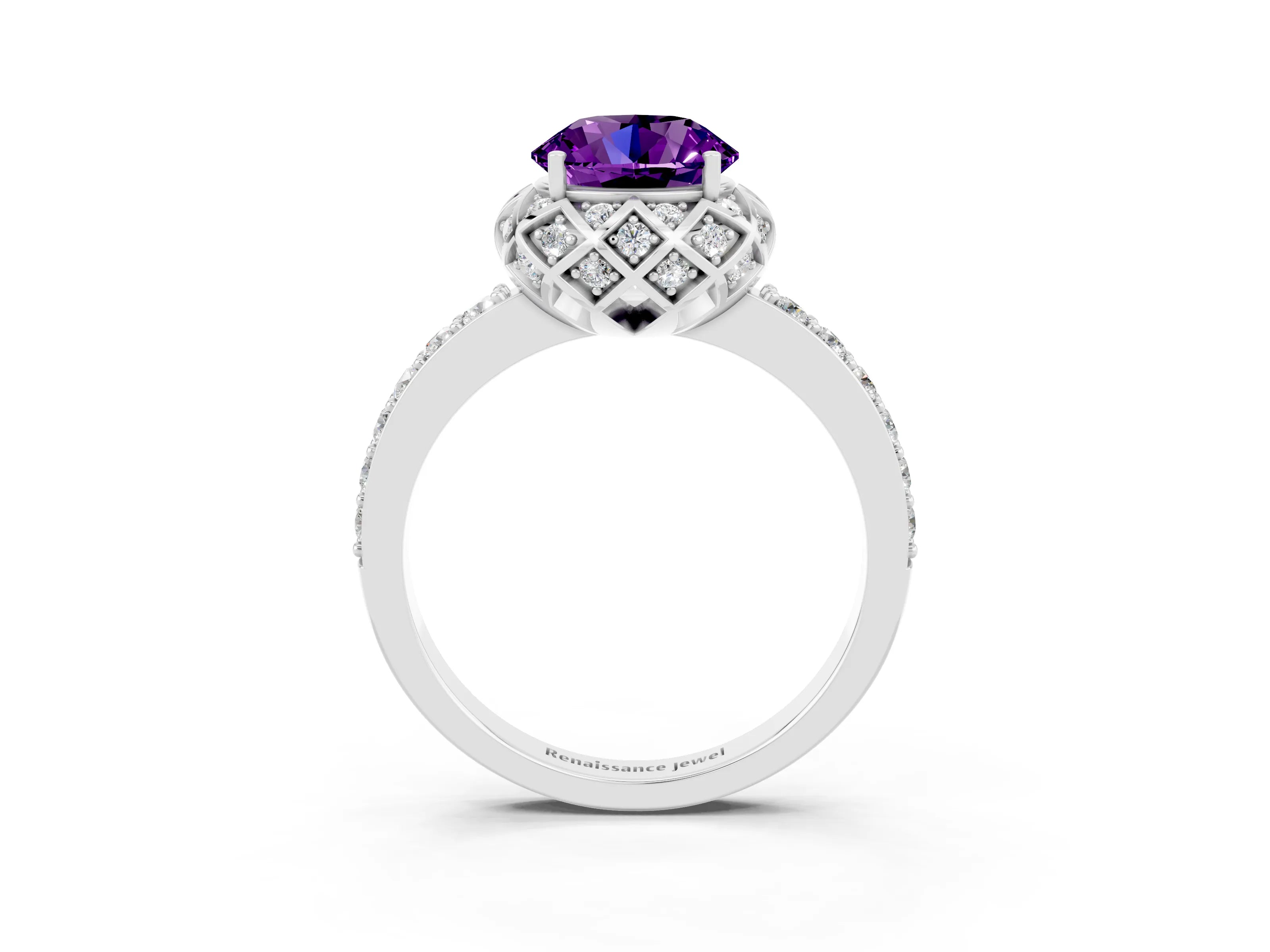 White gold Round Cut Diamond Solitaire Ring with Shared Prong Pavé Band_3