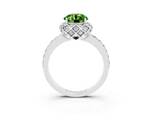 Silver Round Cut Diamond Solitaire Ring with Shared Prong Pavé Band
